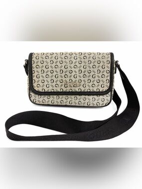 Guess Beige Monogram Crossbody with Black Trim and Strap
